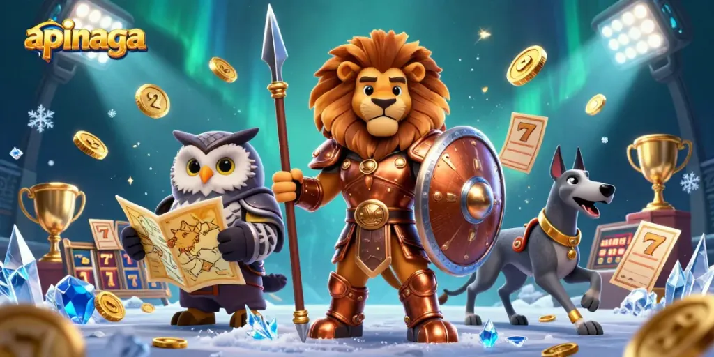 Experience the thrill of apinaga with dynamic slot reels and winning characters in a vibrant casino scene.