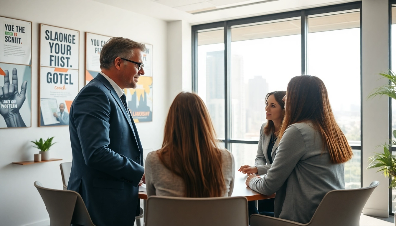 Engaging leadership coach facilitating a team brainstorming session in a modern office setting.