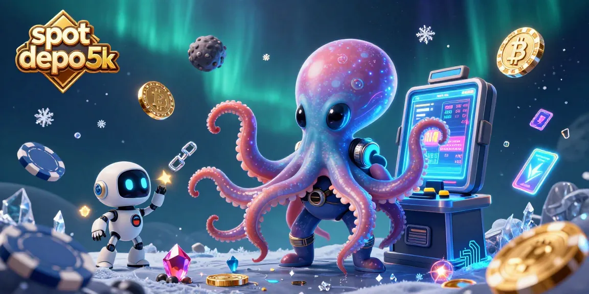 Play slot depo 5k with an alien octopus at a holographic slot machine surrounded by crypto coins.