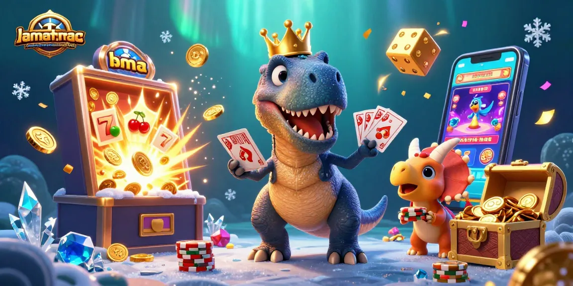 Engage with lamatracamexicangrilltogo slots featuring a T-Rex, pterodactyl, and triceratops in fun casino scene.