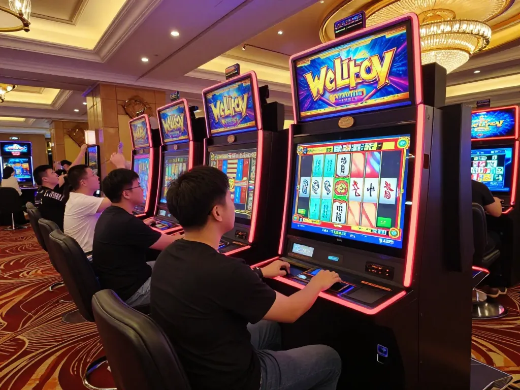 Player enjoying Mahjong Ways slot machine in a vibrant casino, celebrating wins amidst exciting atmosphere