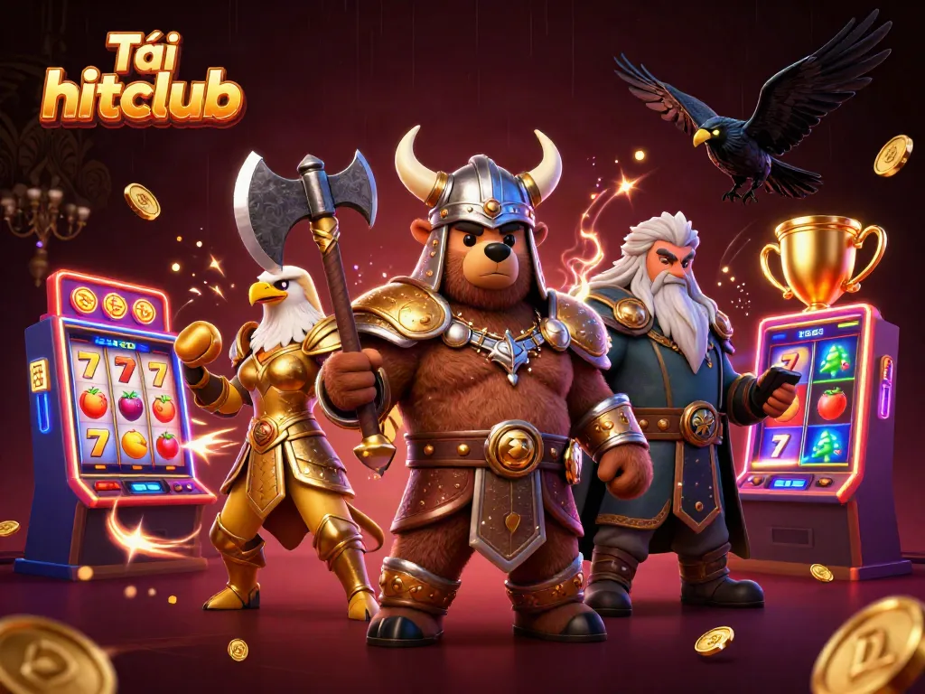 Tải hitclub features a Viking berserker and Valkyrie in a vibrant casino setting with slots and golden trophies.