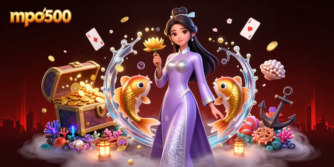 Experience the excitement of mpo500 with a vibrant casino illustration showcasing slots, koi fish, and dynamic gaming elements.