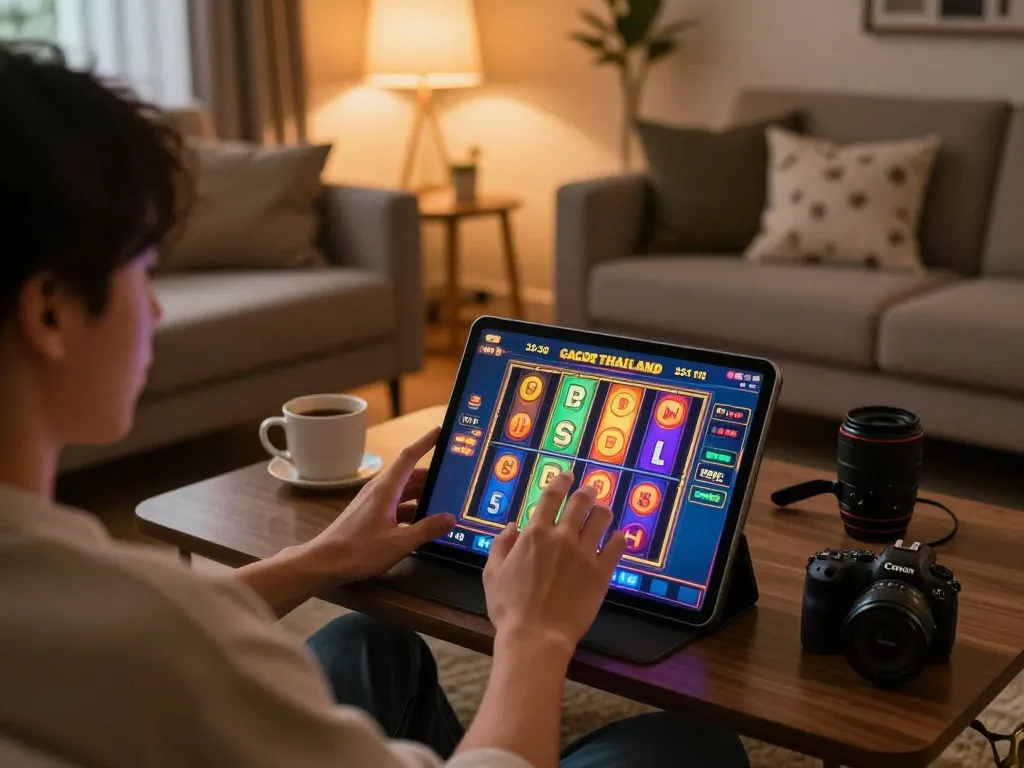 Player engaging in slot gacor thailand online gaming on a tablet in a cozy living room setting