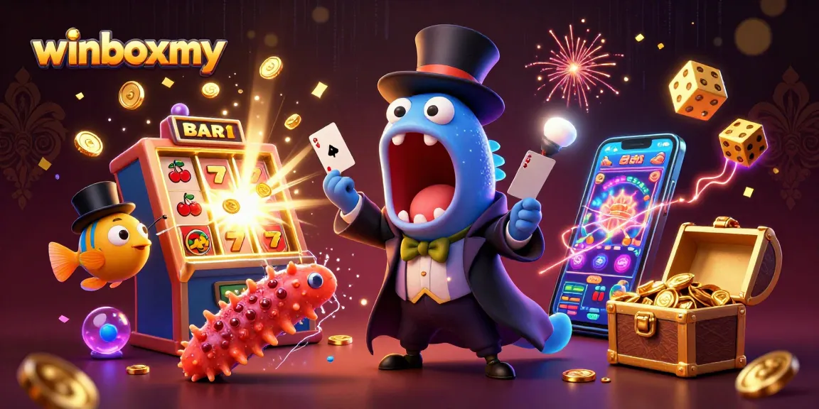 WinboxMY showcases thrilling card tricks in a vibrant casino-themed scene filled with excitement.