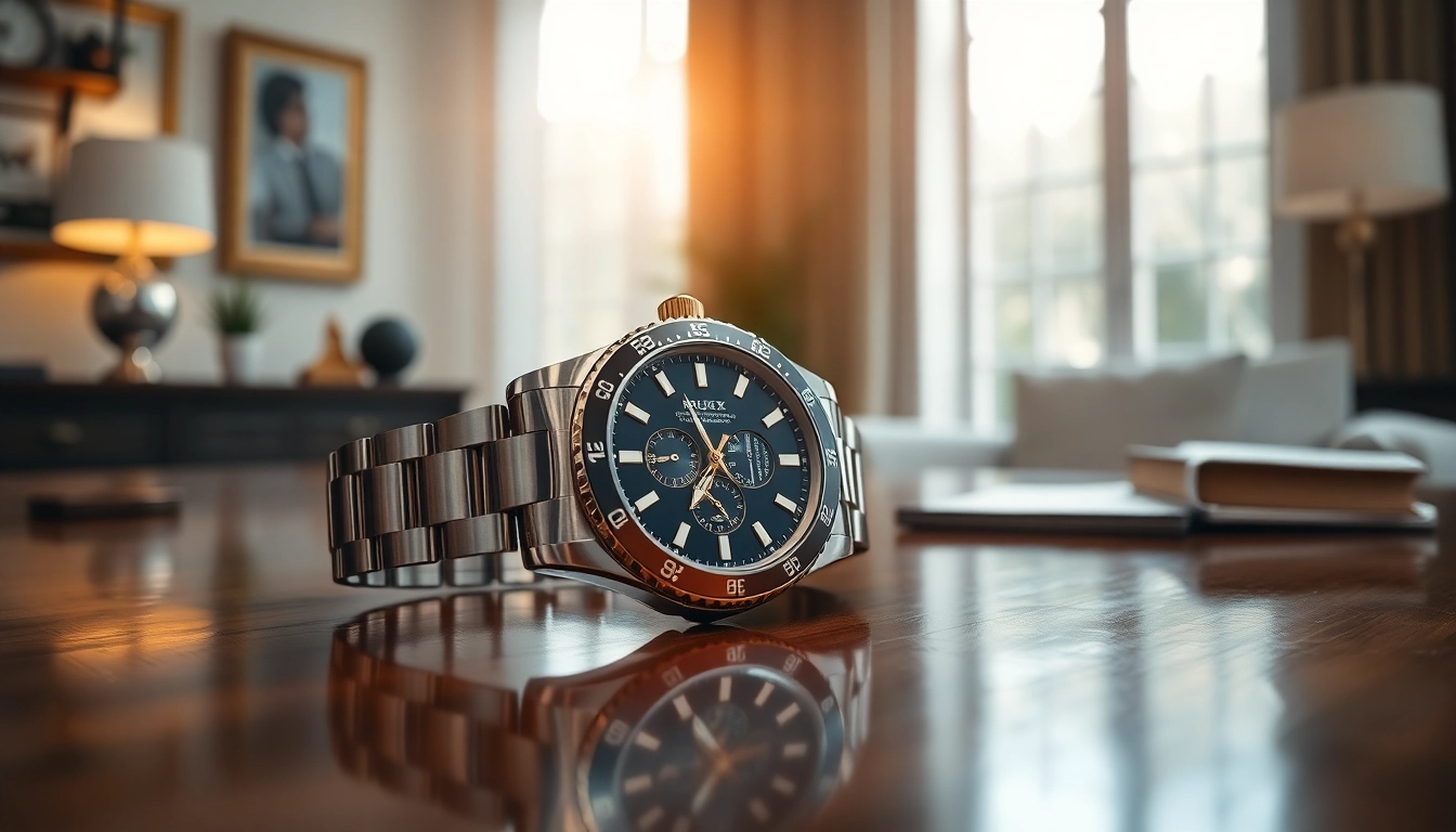 A meticulous rolex replica highlighting its luxurious features in an elegant office setting.