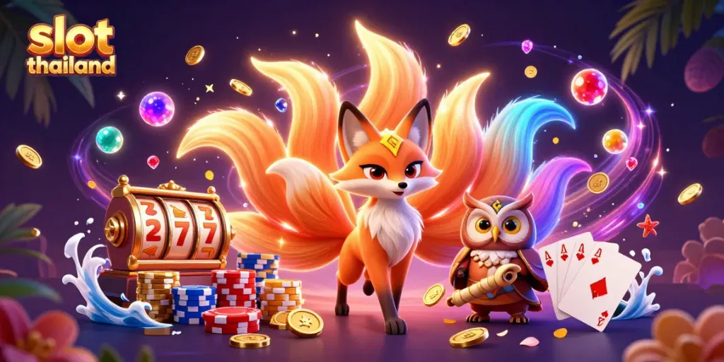 Engage with slot thailand in a vibrant 3D scene featuring colorful characters and casino elements.