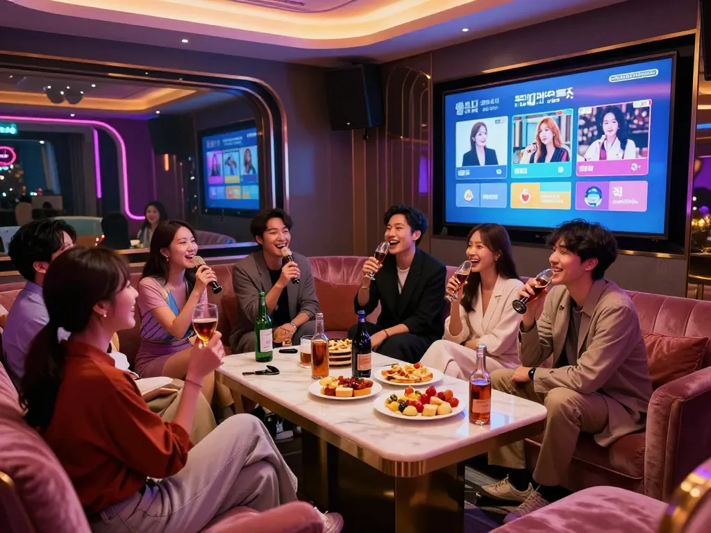 Vibrant karaoke lounge at www.gangnamtune.com showcasing friends enjoying upscale nightlife in Gangnam's luxurious atmosphere.