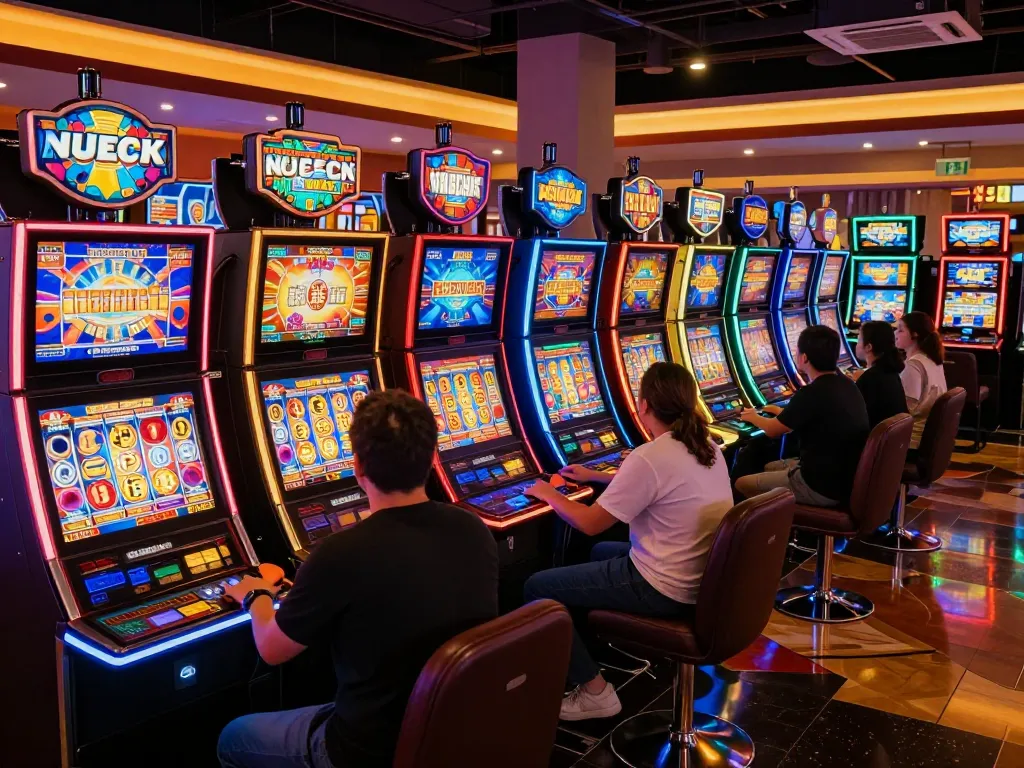Players engaging with exciting slot machines in a lively casino setting, showcasing the thrill of the game