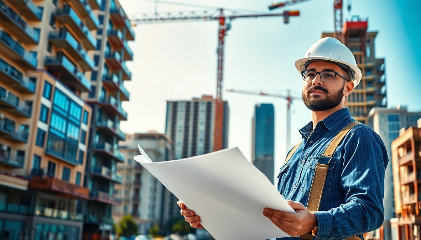 A construction career professional planning building projects in a vibrant cityscape.