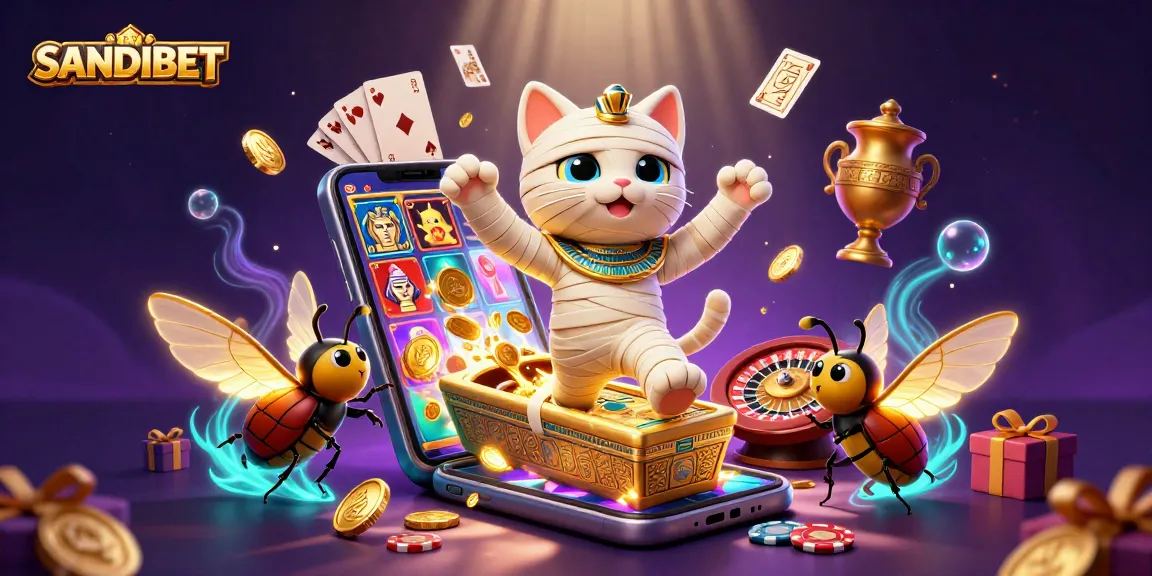 SANDIBET features a vibrant scene with a mummy cat and scarab beetle in a dynamic casino setting, showcasing exciting slot game elements.