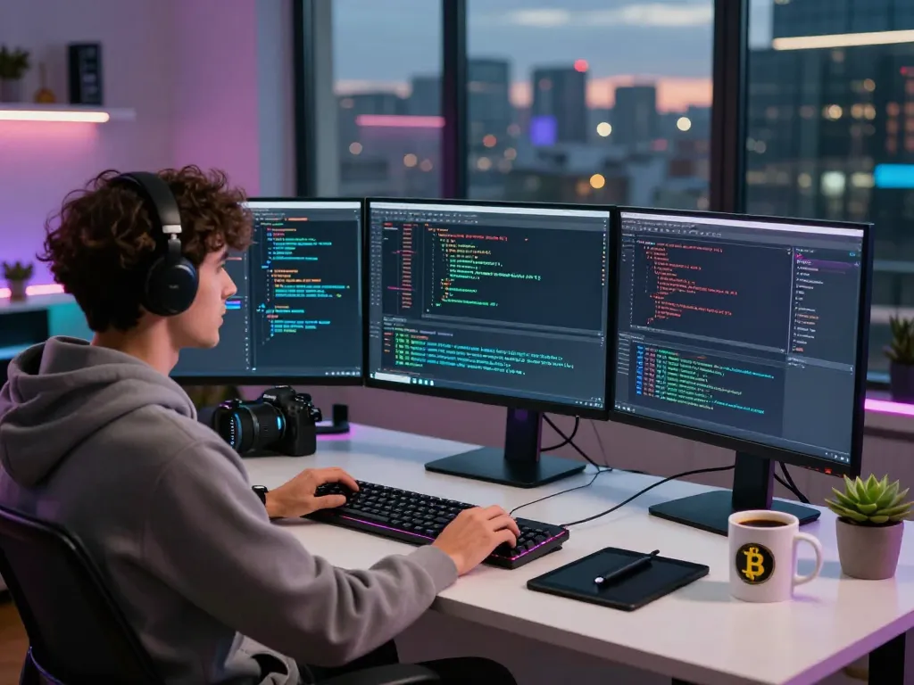 Engineer coding smart contract mining in a modern workspace with multiple monitors and city skyline.