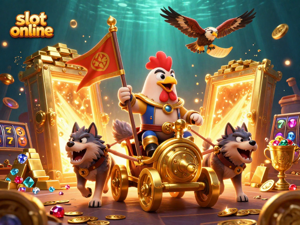 Experience the excitement of slot online with vibrant characters amidst jewels and golden treasures.