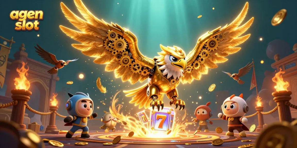 Kemenangan besar agen slot dengan simbol slot dan burung elang futuristik dalam pertempuran
