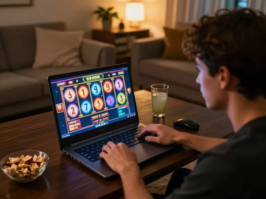 Engaging online casino slot gameplay on laptop in cozy home setting