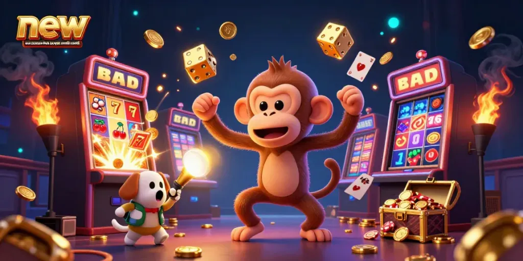 Experience new casinos that accept credit cards with fun characters entering a vibrant casino environment.