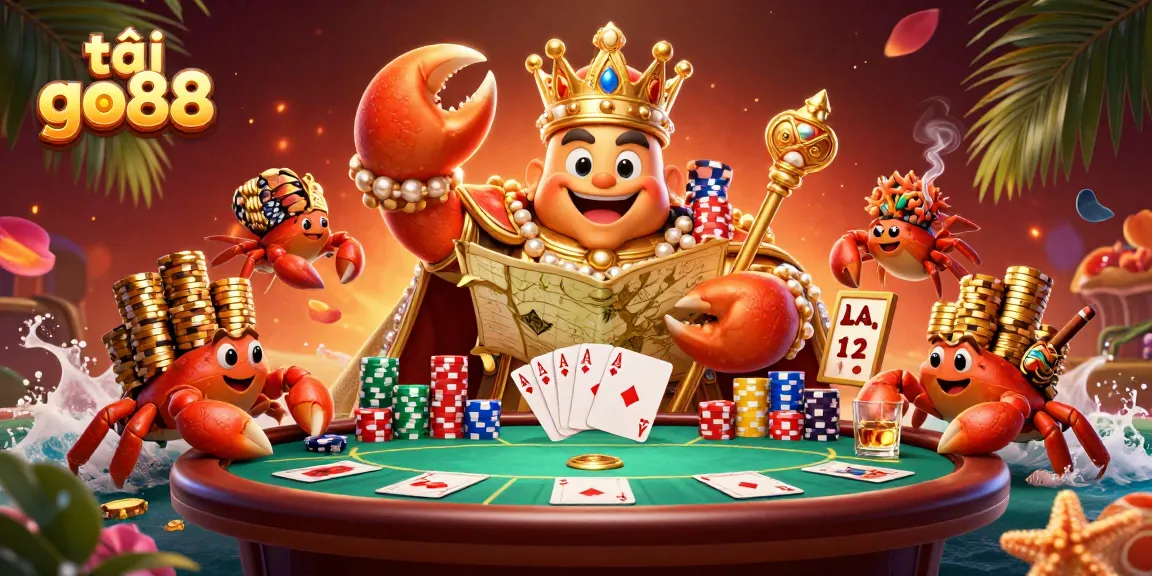 Engage in exciting gameplay with tải go88 featuring a royal crab emperor surrounded by poker elements.