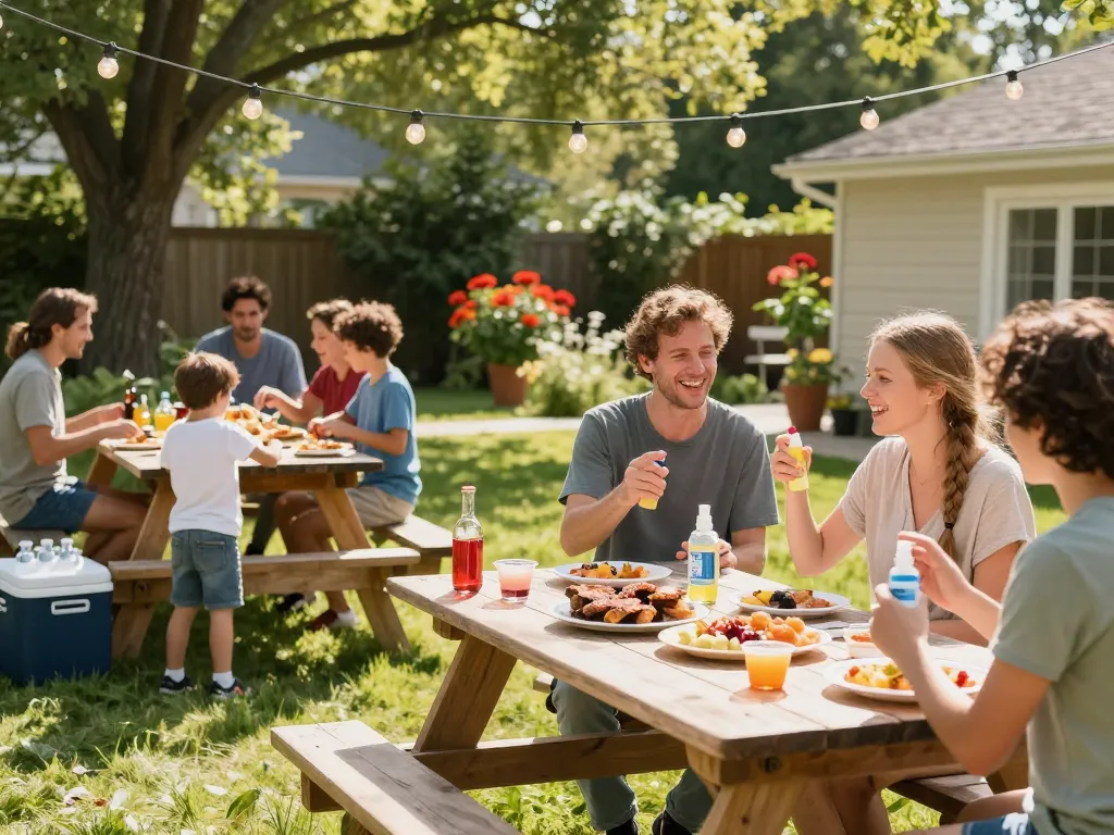 A family enjoying a summer barbecue while applying mosquito repellent for protection.