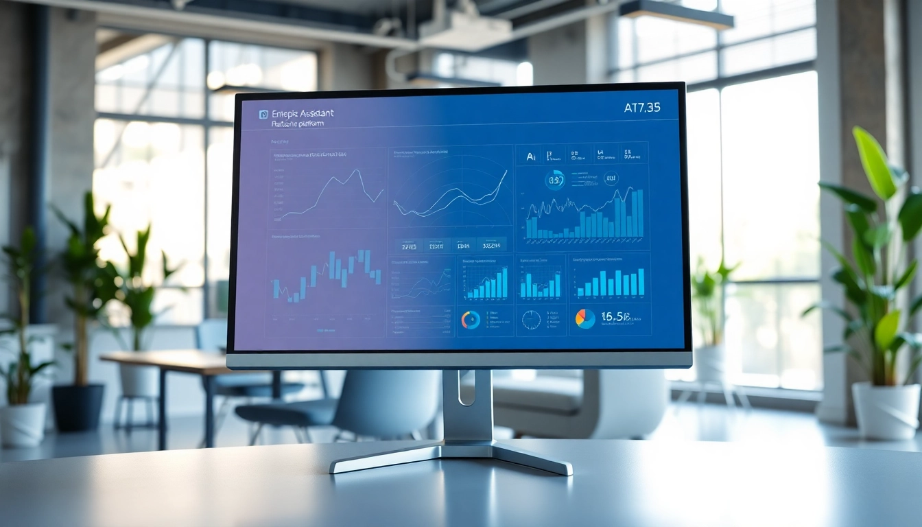 Illustration of enterprise assistant platform interface showcasing AI-driven analytics in an office.