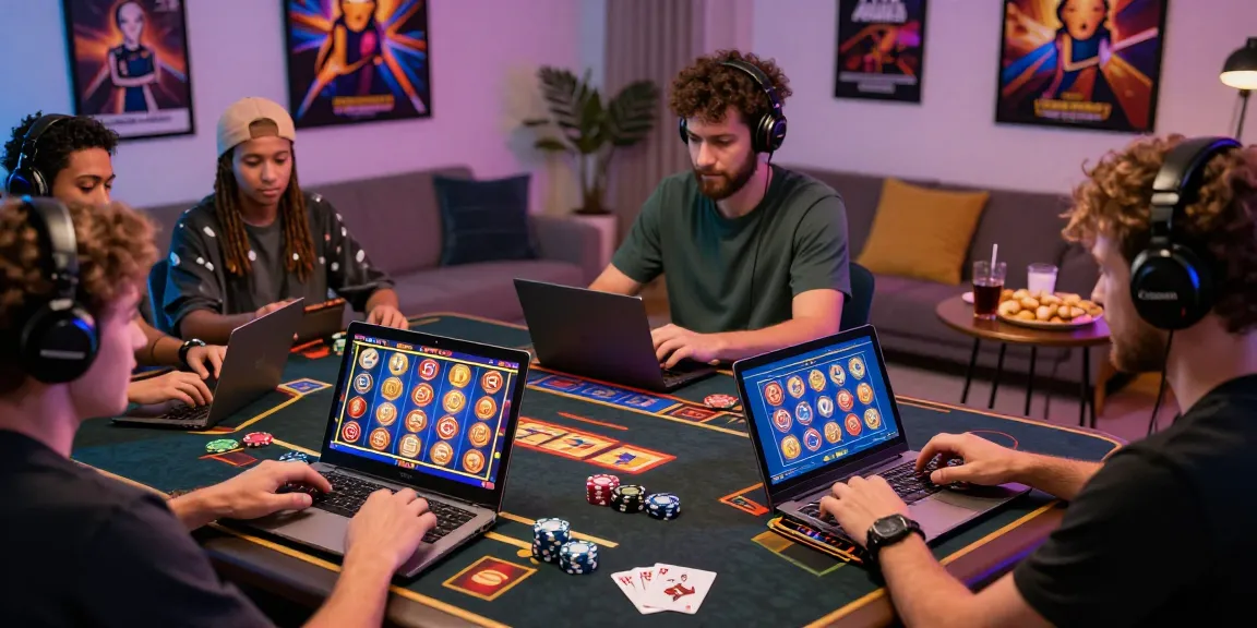 Exciting scene of players enjoying slot deposit 5000 games online, surrounded by chips and gaming gear.