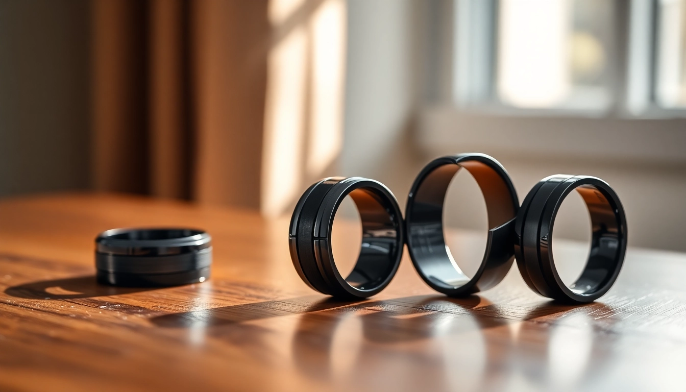 Showcase of Black Wedding Rings for Men highlighting various styles and materials on a wooden surface.