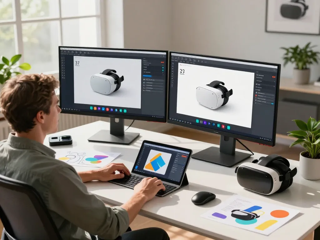Innovative designer using 3D product configurator software in a modern workspace