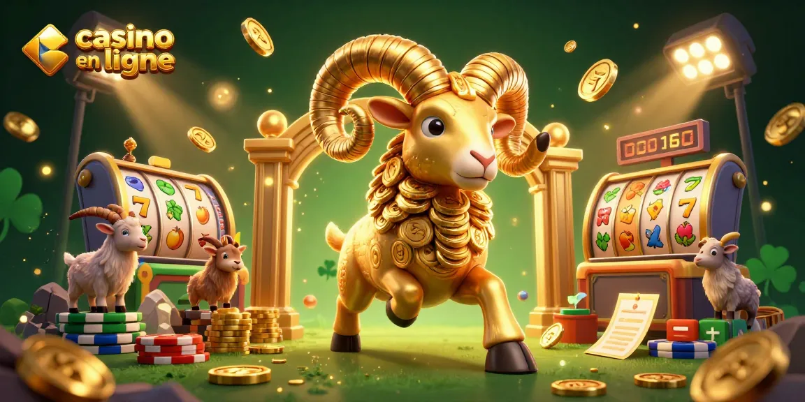 Jouez au casino en ligne avec une illustration colorée captivante de jeux de casino et un bélier doré.