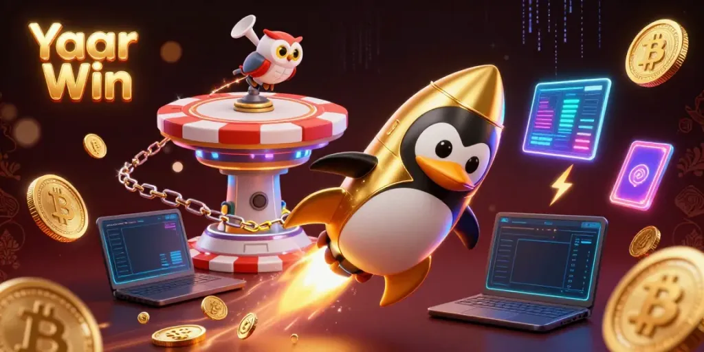 Experience thrilling gaming with Yaar Win, where the penguin flies toward a casino space station.