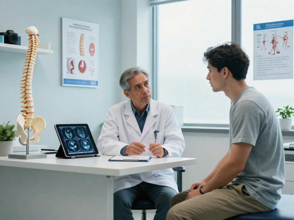 In-depth consultation about bel fıtığı ameliyatı options between surgeon and patient in a modern medical setting.