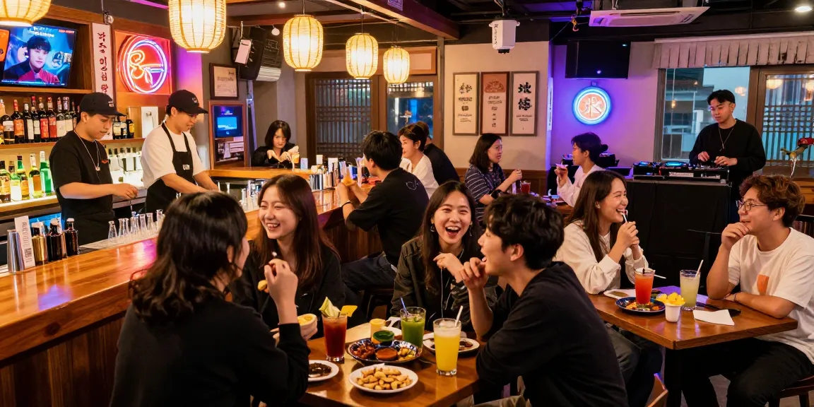Dynamic scene of patrons enjoying 상봉동 한국관나이트 at a vibrant Korean bar, showcasing lively nightlife.