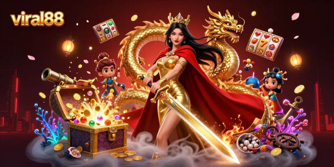 Play slots at viral88 while exploring a captivating scene with a warrior queen and golden treasures.