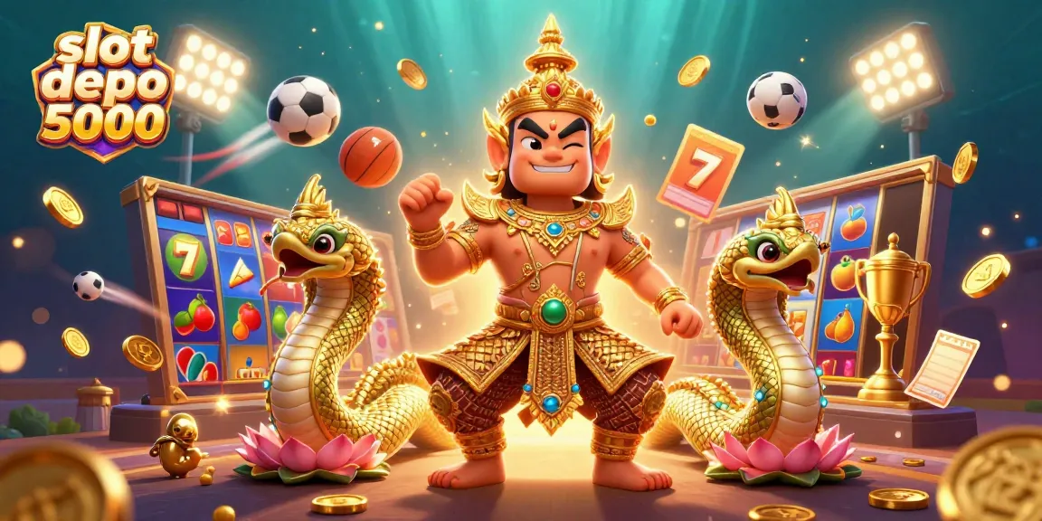 Engage with slot depo 5000, illustrated by a lively guardian and energetic game symbols in an enchanting scene.