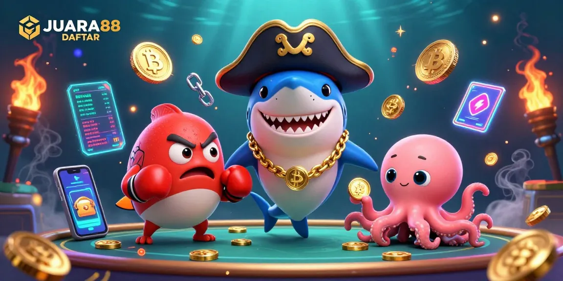 Experience JUARA88 DAFTAR with an exciting scene featuring cartoon characters and crypto elements.