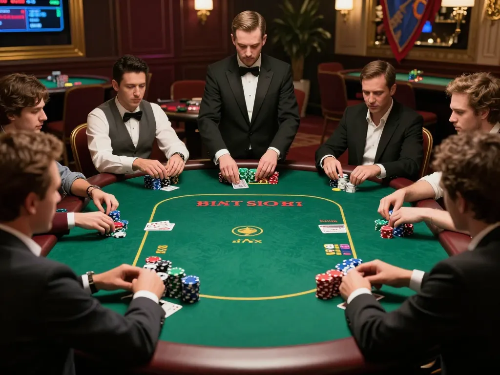 Experience the excitement of slot777 gameplay at an elegant poker table, with bustling players engaged in strategy.
