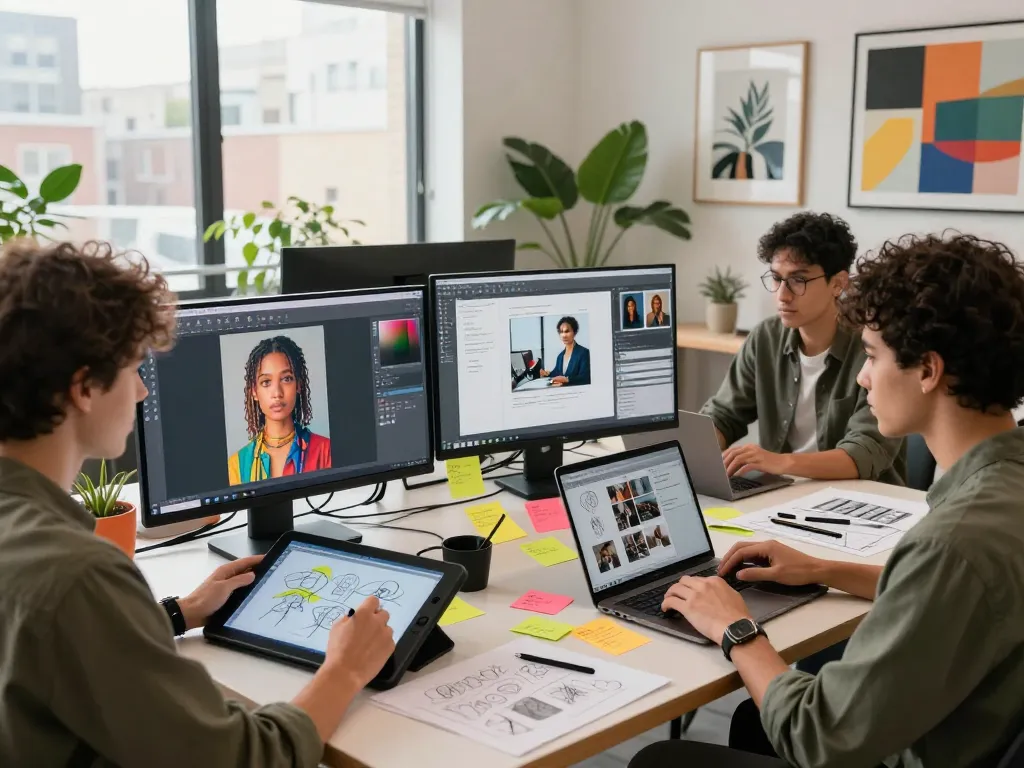 Collaborative workspace illustrating innovative image to prompt technology with diverse creatives in a modern studio.