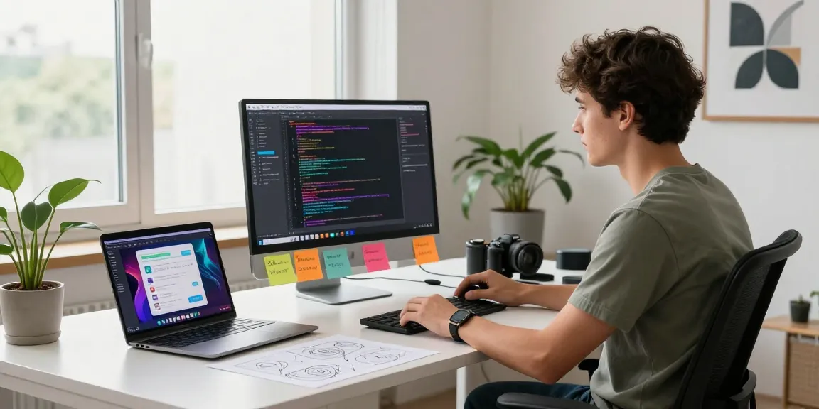 Engaging tech workspace with a professional using spicy ai chatbot design tools, vibrant coding display, and creative decor.