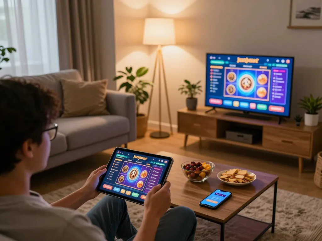 Engaging in online judi slot gameplay on a tablet in a cozy living room setting