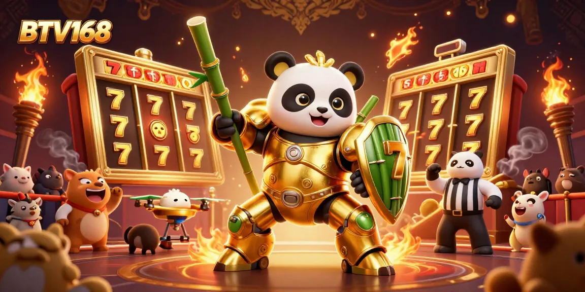 BTV168 showcases a vibrant casino scene featuring a golden panda in a mech-suit amid spinning slot reels.