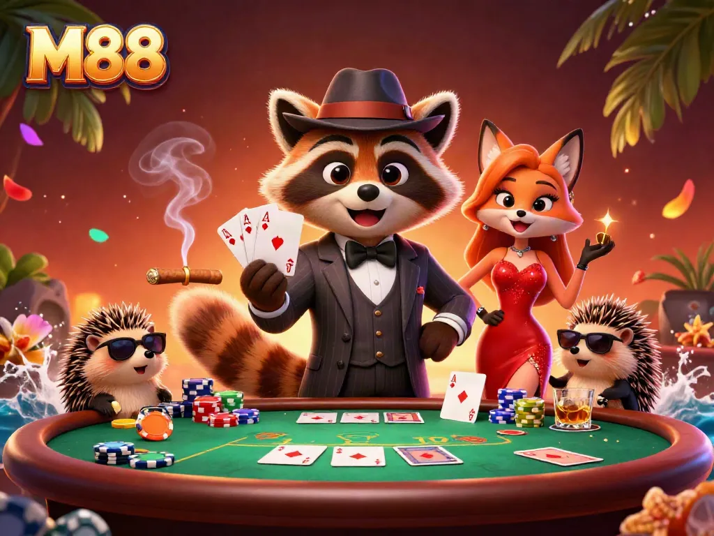 Trải nghiệm cá cược cùng M88 với những nhân vật vui nhộn và không gian casino sống động.