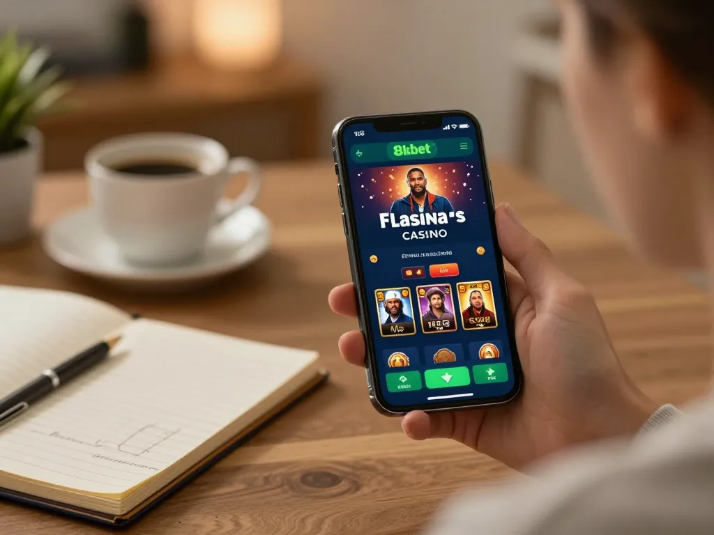 Engaging with the 8kbet casino app on a smartphone in a cozy home environment, showcasing responsible gaming.