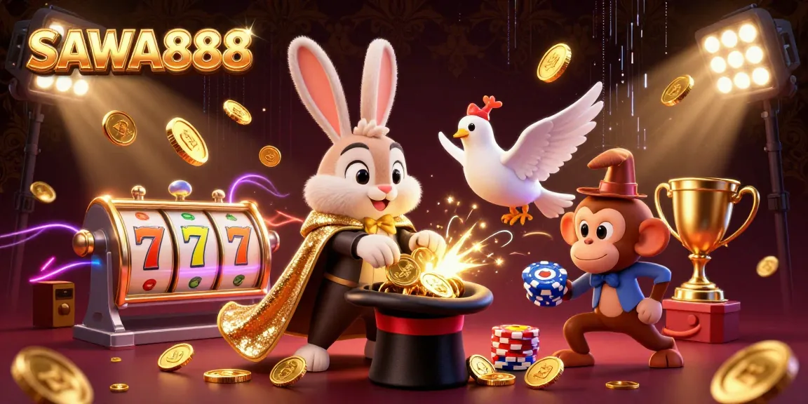 SAWA888 enhances winning chances with a vibrant casino scene featuring a magician rabbit, dove, and monkey.
