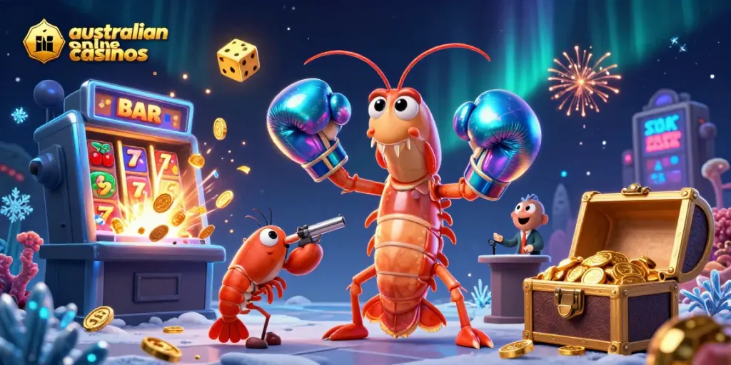 Exciting 3D scene highlighting australian online casinos with vibrant slot elements, shrimp characters, and jackpot visuals.