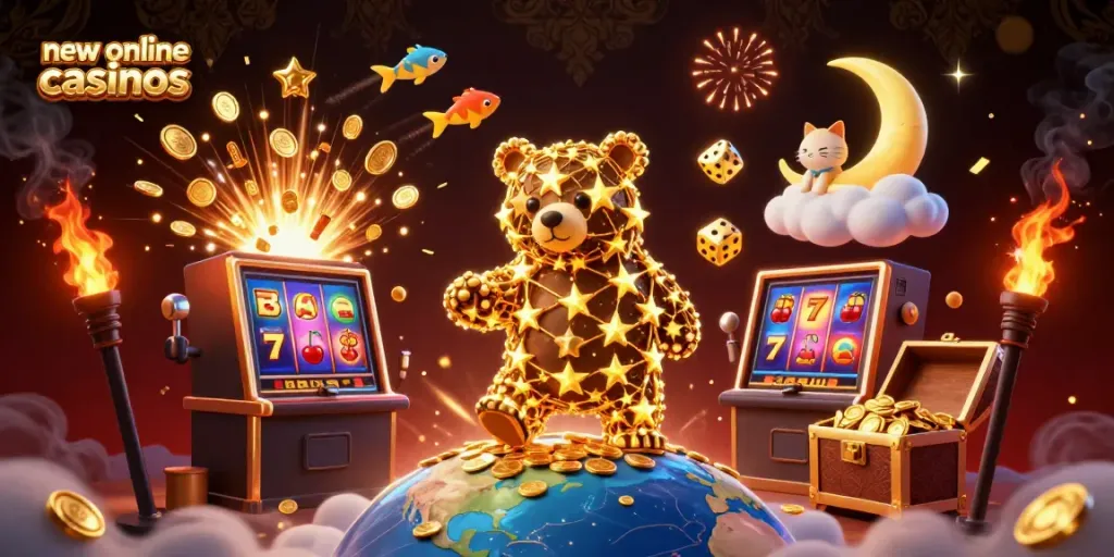 Experience the thrill of new online casinos with a vibrant illustration featuring a golden constellation bear and playful elements.