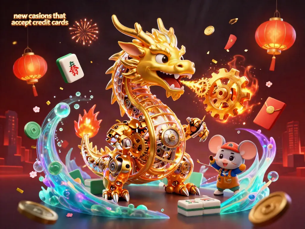 Engage with new casinos that accept credit cards featuring a golden dragon breathing gears and cogs, amidst lively gambling elements.