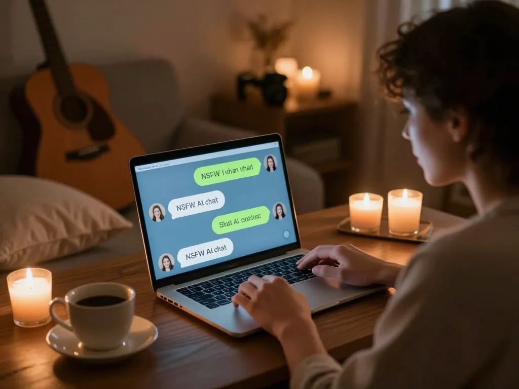 Engaging in an NSFW AI chat in a cozy room with ambient lighting and playful elements.