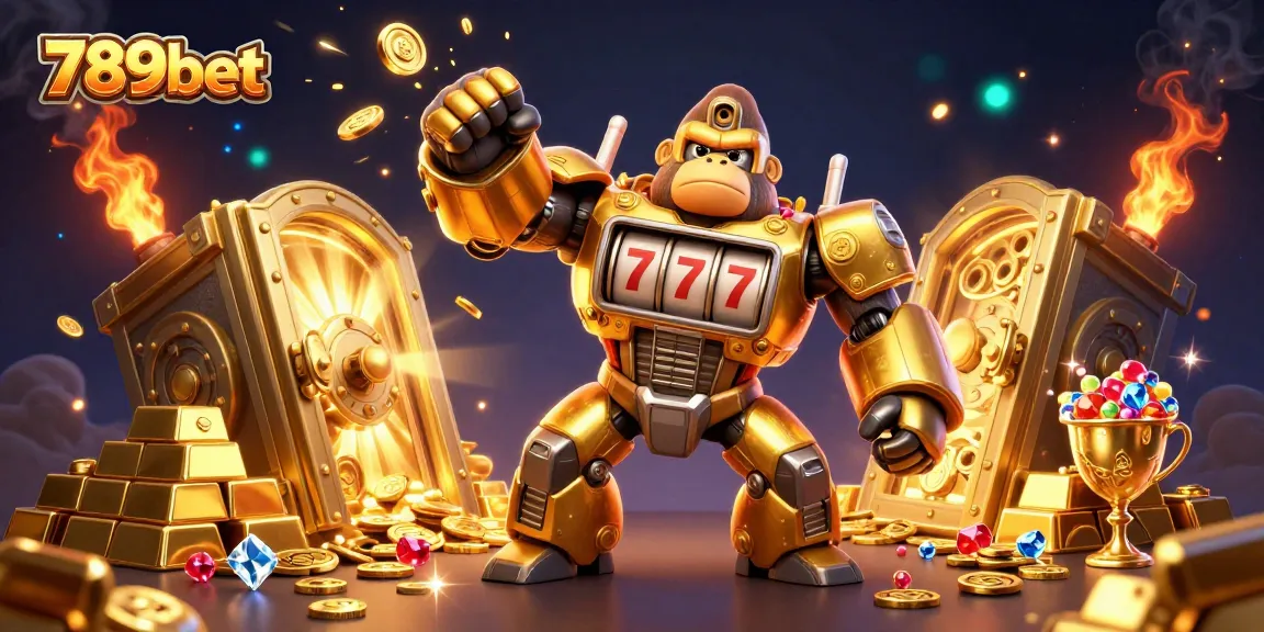 Play slots with 789bet's vibrant 3D golden gorilla mech and treasure scene full of excitement