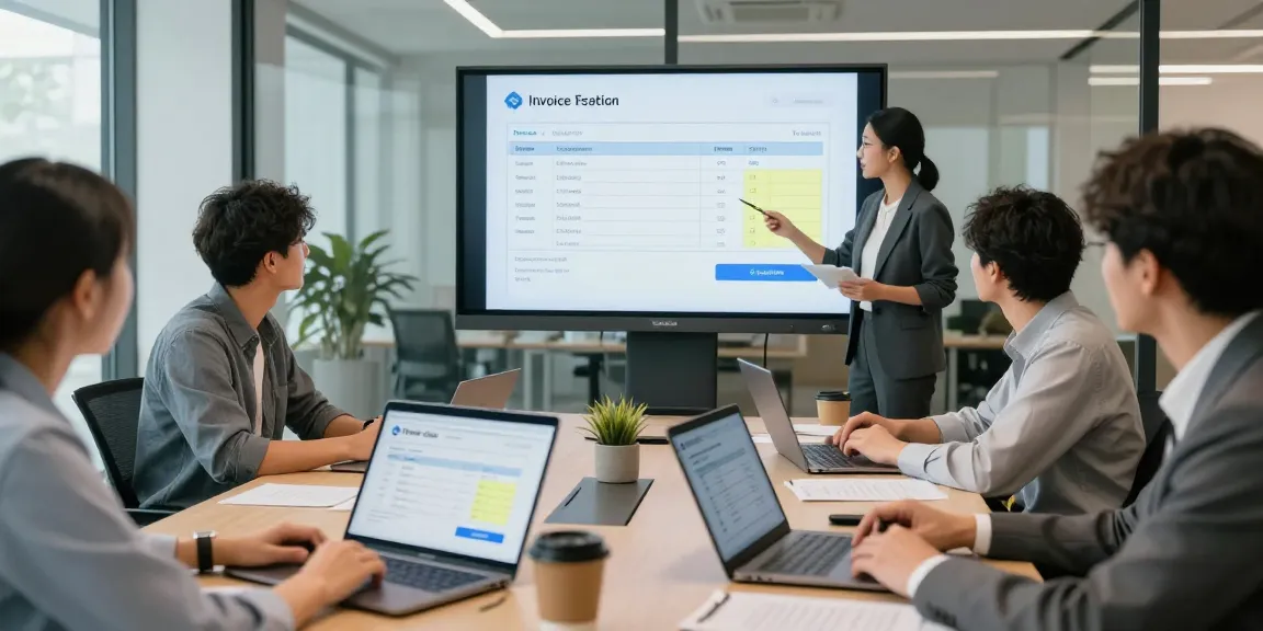 Team members collaborating to detect fraud invoices using advanced AI technology in a modern office setting.
