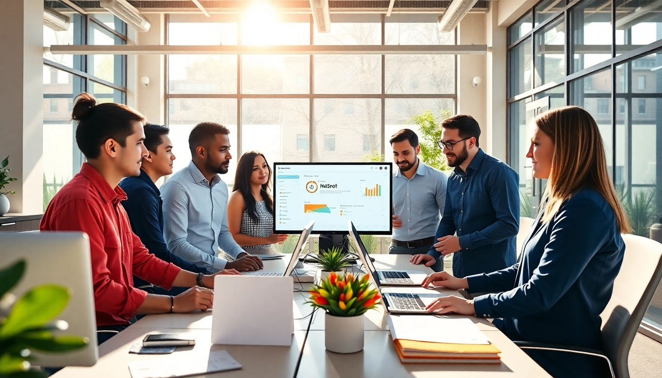 Digital marketing team utilizing agencia hubspot in a modern office environment.