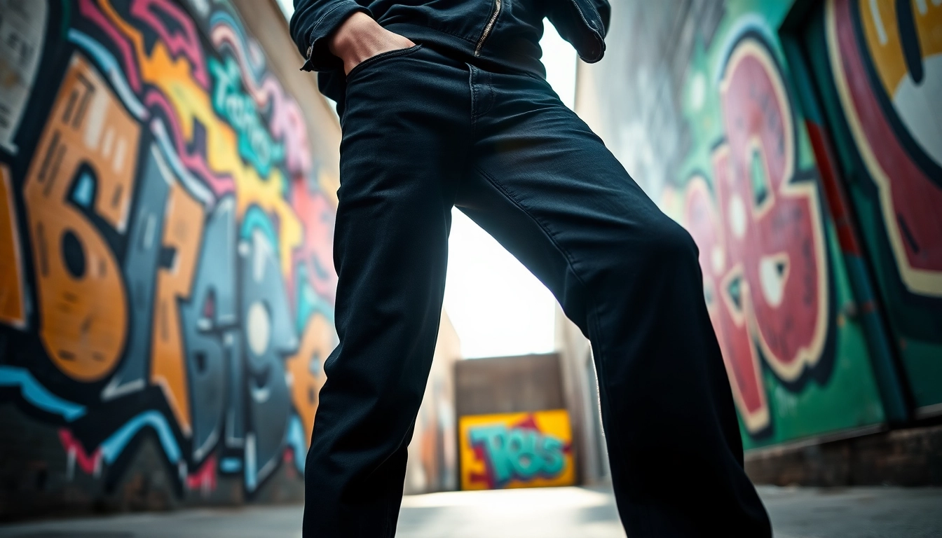 Model showcasing baggy black jeans against a colorful graffiti backdrop in an urban setting.