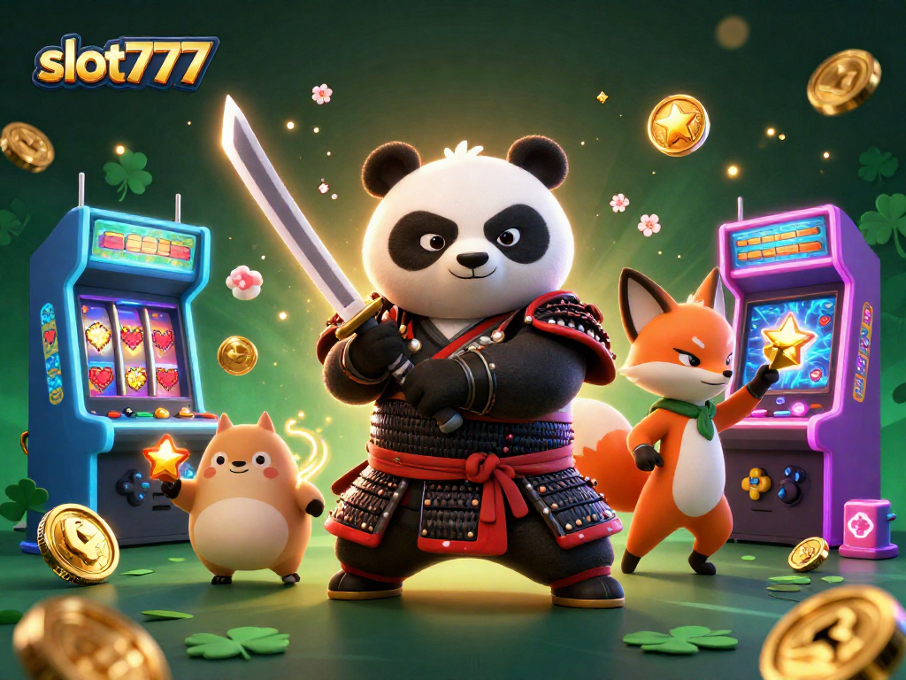 Engage in thrilling slot777 action with a vibrant casino-themed illustration showcasing a samurai panda and ninja fox.